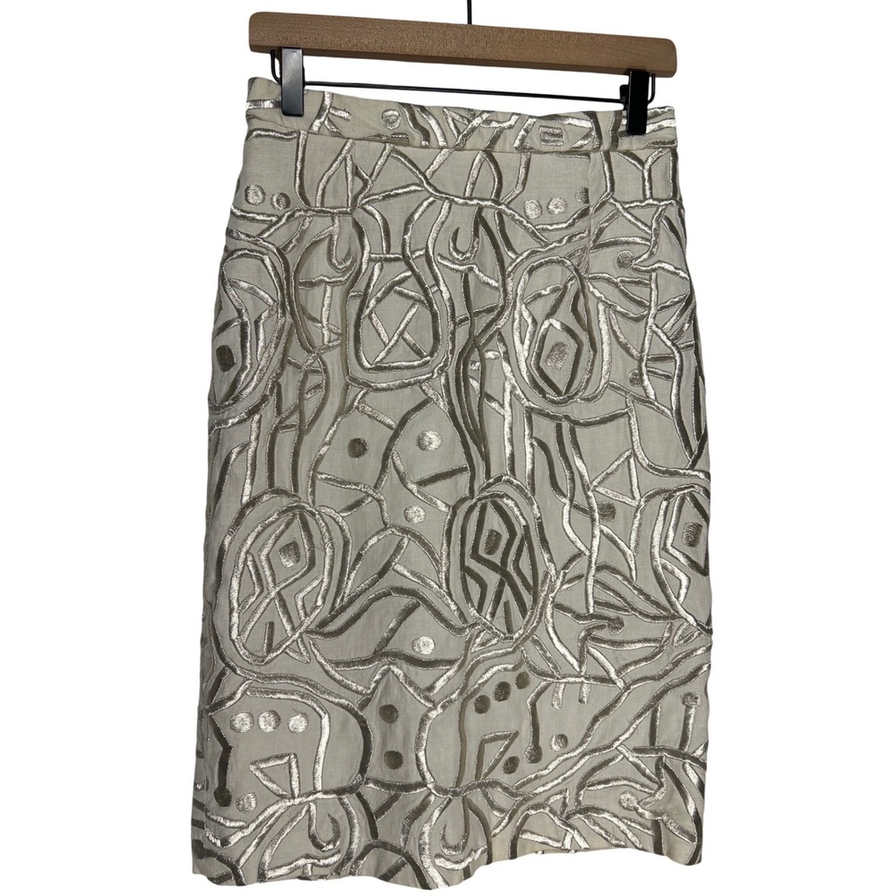 Magali Collection Linen Metallic Silver Embroidered Pencil Skirt Cream Sz 8 EUC